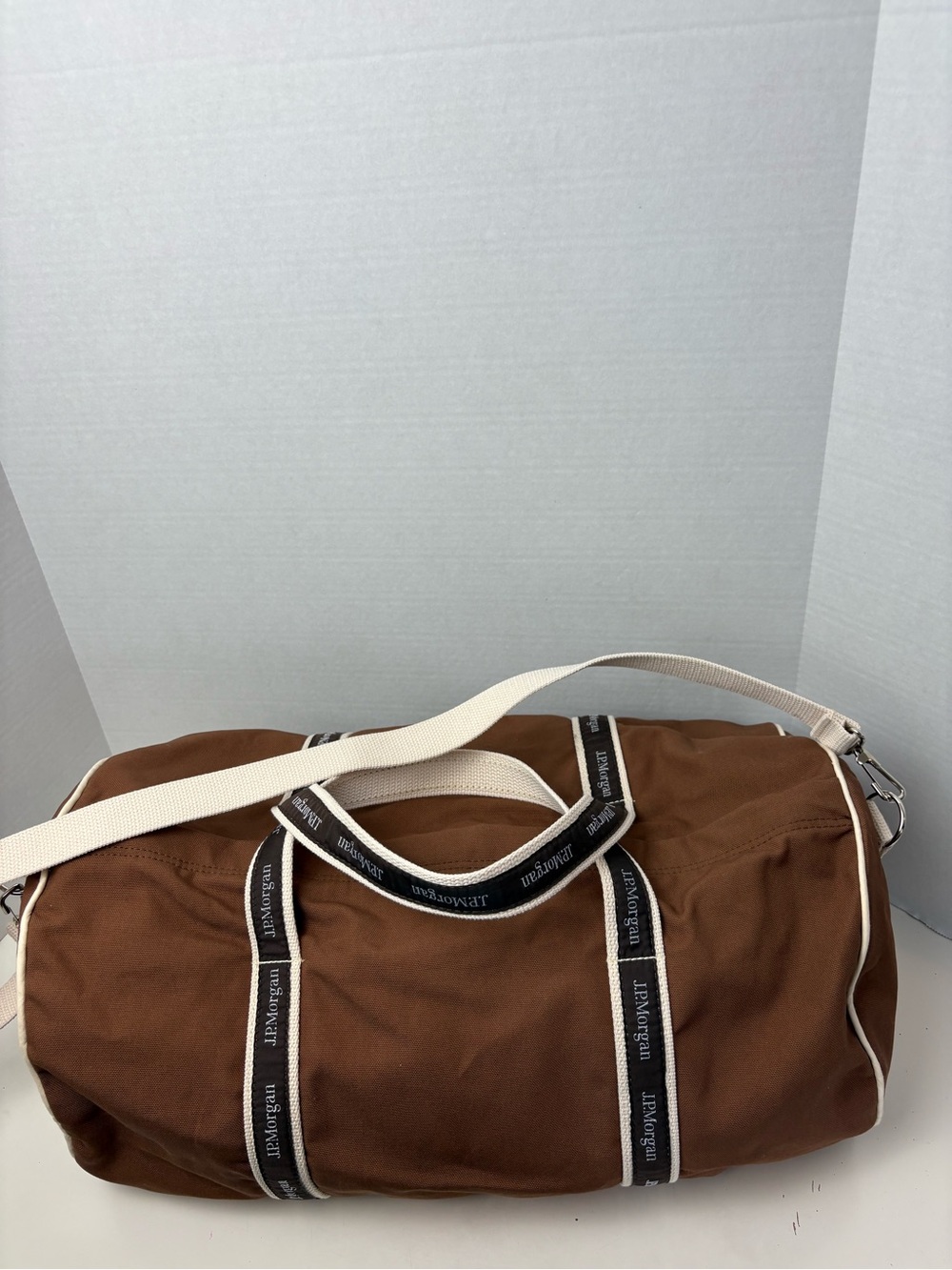 Brown Canvas J.P. Morgan 17-inch Duffel Bag with Contrast Straps Logo